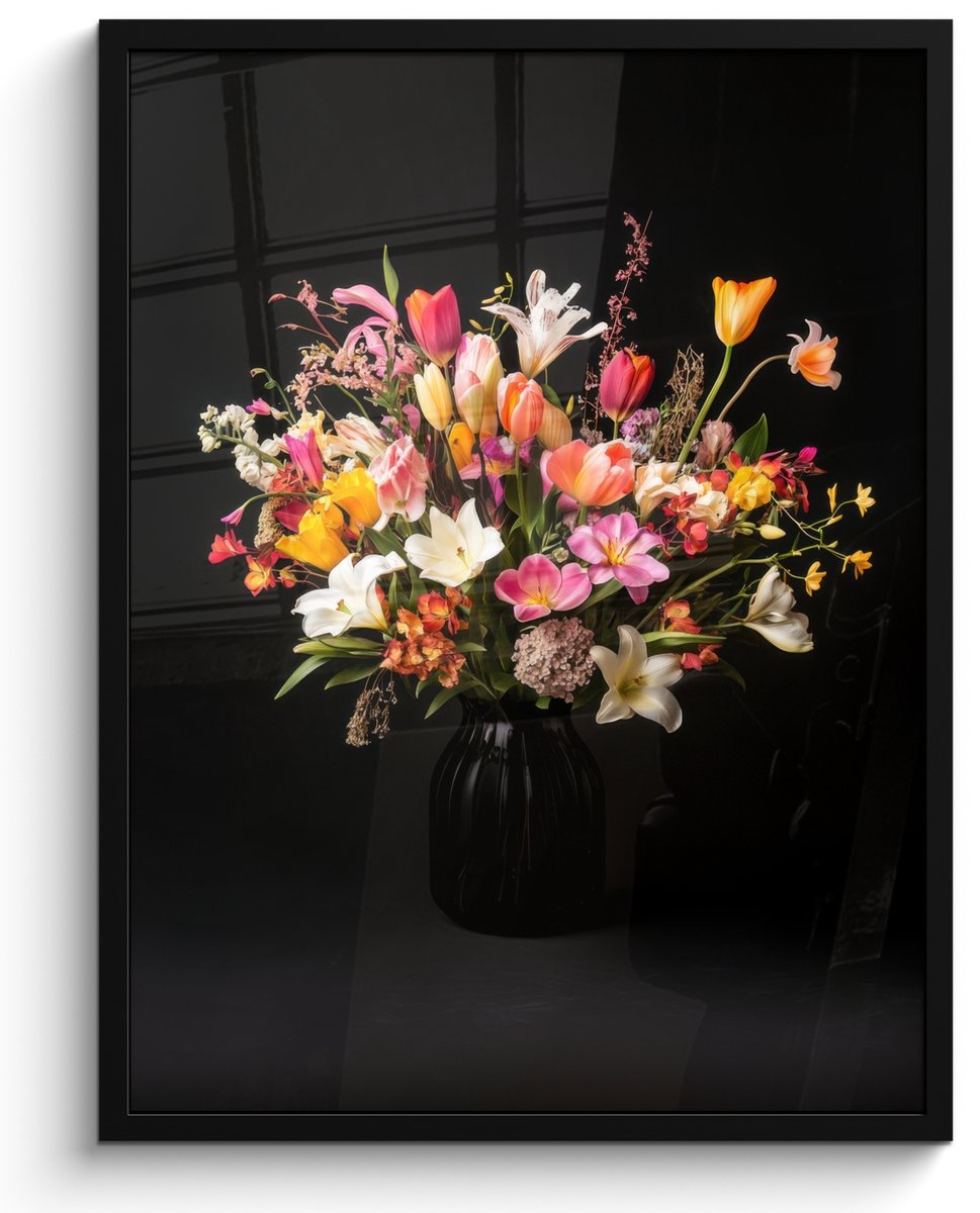 FrameYourWall Poster in lijst - Fotolijst 50x70 cm - Posters - Vaas - Bloemen - Tulpen - Posterlijst zwart - Decoratie - Wanddecoratie woonkamer - Muurdecoratie slaapkamer Boeket - Bloemen 4