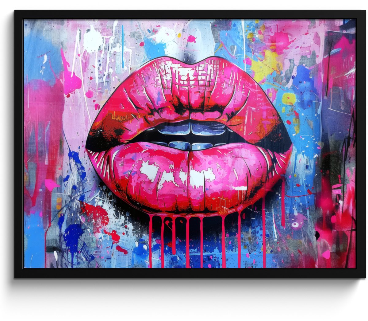 FrameYourWall Poster in lijst - Fotolijst 70x50 cm - Posters - Graffiti - Lippen - Felroze - Geschilderd - Posterlijst zwart - Decoratie - Wanddecoratie woonkamer - Muurdecoratie slaapkamer Lippen - Verf