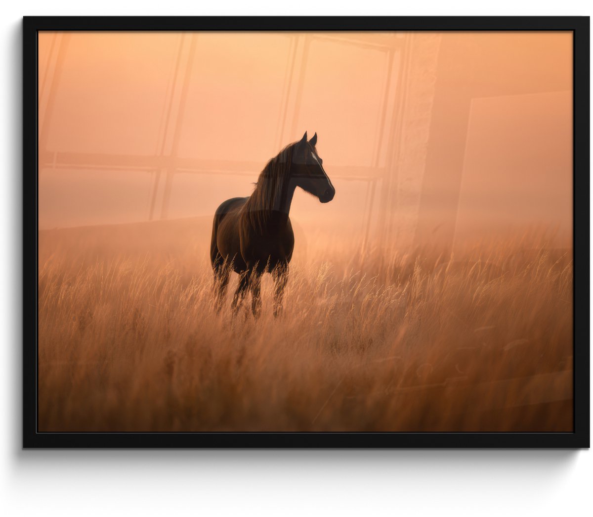 FrameYourWall Poster in lijst - Fotolijst 70x50 cm - Posters - Paard - Grasveld - Zonsondergang - Posterlijst zwart - Decoratie - Wanddecoratie woonkamer - Muurdecoratie slaapkamer