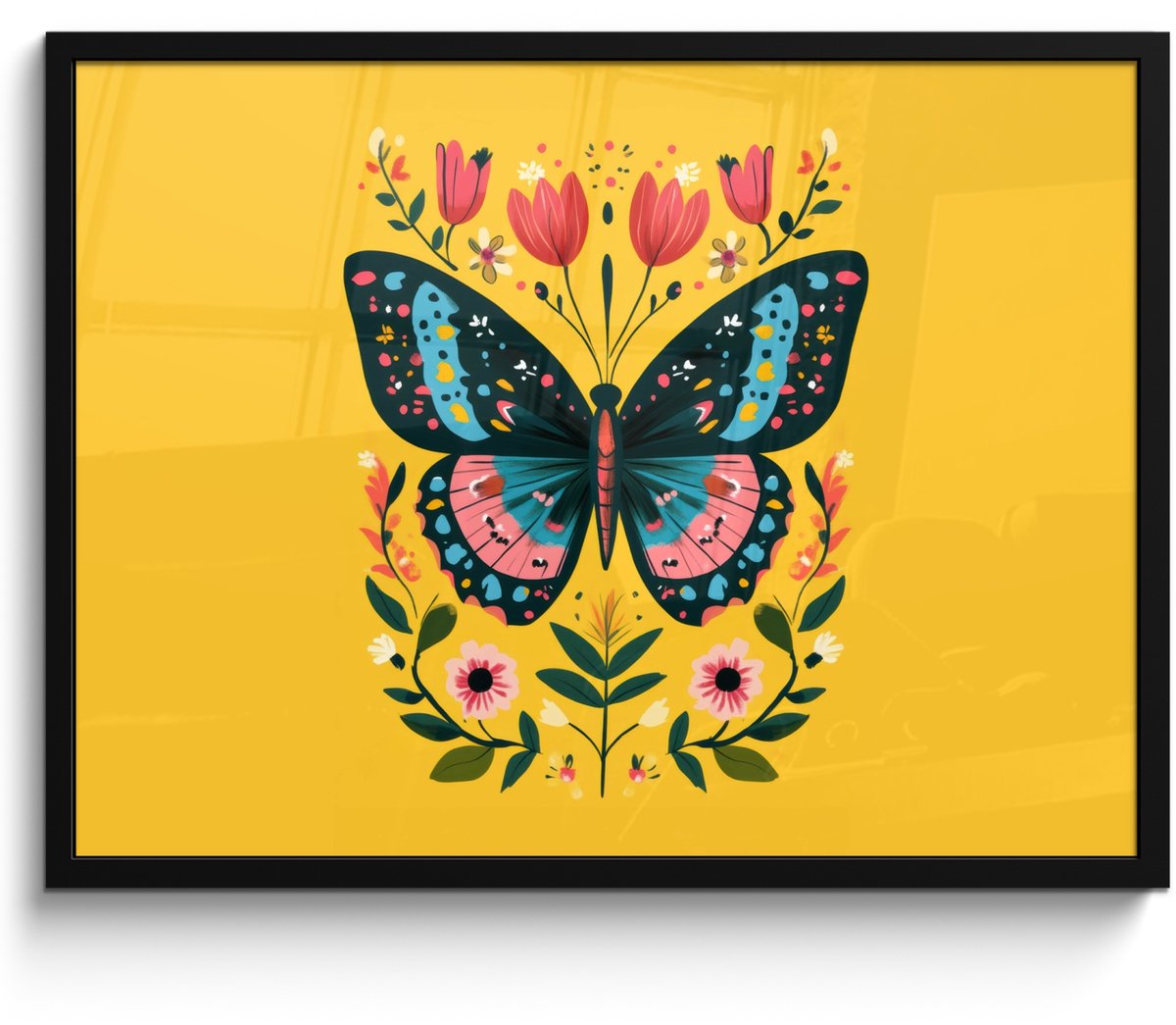 FrameYourWall Poster in lijst - Fotolijst 70x50 cm - Posters - Bloemen - Kleurrijk - Vlinder - Sierlijk - Posterlijst zwart - Decoratie - Wanddecoratie woonkamer - Muurdecoratie slaapkamer
