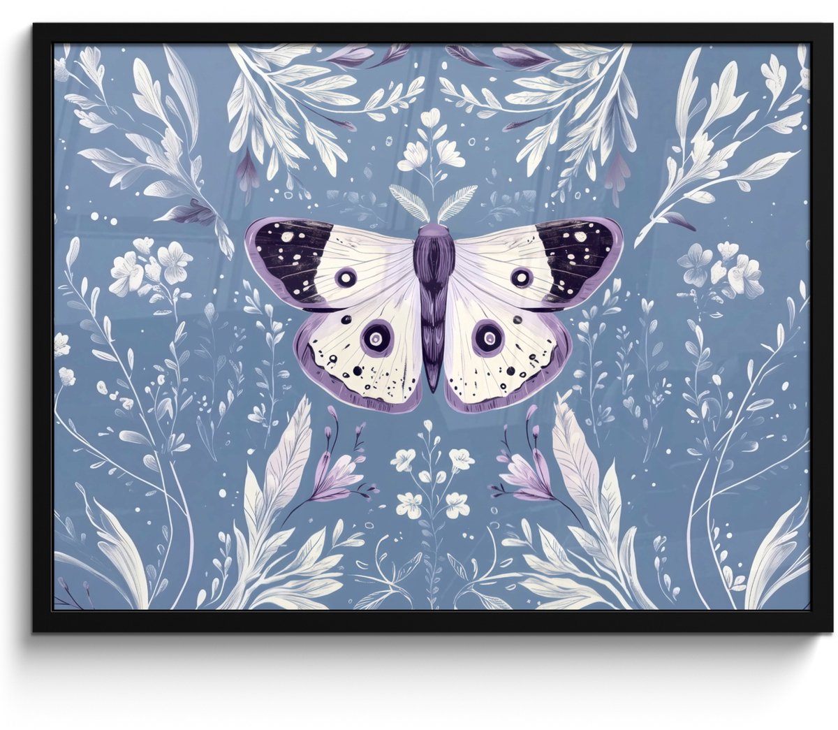 FrameYourWall Poster in lijst - Fotolijst 70x50 cm - Posters - Vlinder - Bloemtakken - Lichtblauw - Posterlijst zwart - Decoratie - Wanddecoratie woonkamer - Muurdecoratie slaapkamer