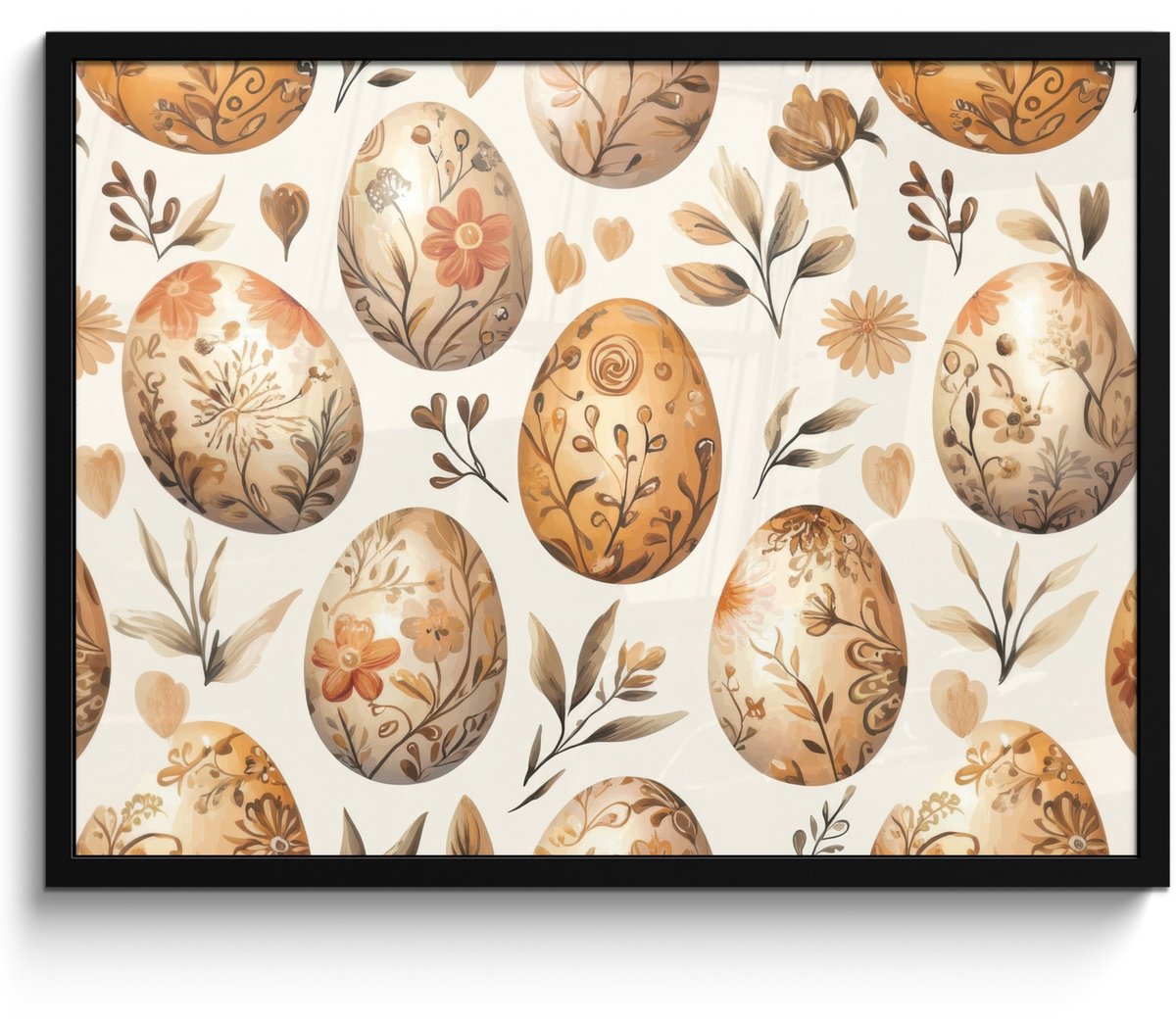 FrameYourWall Poster in lijst - Fotolijst 70x50 cm - Posters - Paaseieren - Bruin - Bloemen - Posterlijst zwart - Decoratie - Wanddecoratie woonkamer - Muurdecoratie slaapkamer Pasen
