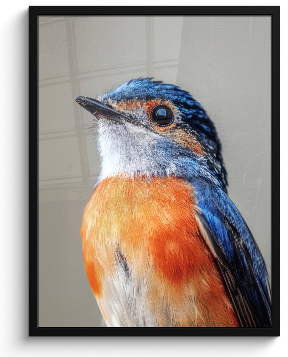 FrameYourWall Poster in lijst - Fotolijst 50x70 cm - Posters - Kleurrijk - Vogeltje - Veren - Blauw - Posterlijst zwart - Decoratie - Wanddecoratie woonkamer - Muurdecoratie slaapkamer