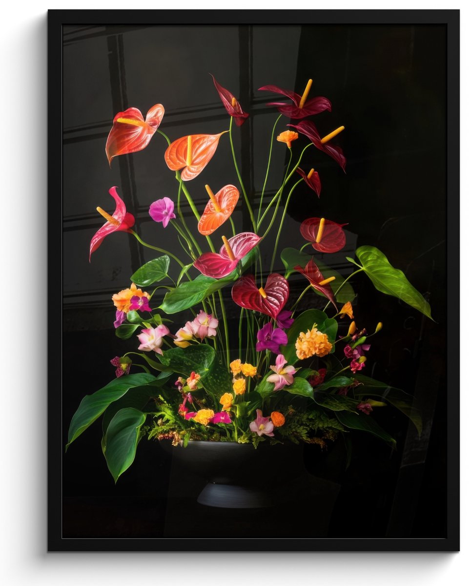 FrameYourWall Poster in lijst - Fotolijst 50x70 cm - Posters - Bloemen - Vaas - Kleurrijk - Posterlijst zwart - Decoratie - Wanddecoratie woonkamer - Muurdecoratie slaapkamer Boeket - Bloemen 1