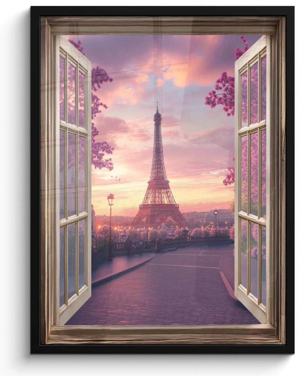 FrameYourWall Poster in lijst - Fotolijst 50x70 cm - Posters - Doorkijk - Parijs - Eiffeltoren - Roze - Kersenbloesem - Posterlijst zwart - Decoratie - Wanddecoratie woonkamer - Muurdecoratie slaapkamer