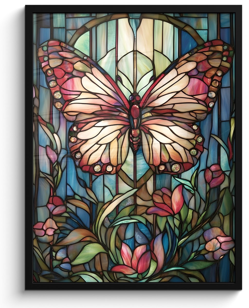FrameYourWall Poster in lijst - Fotolijst 50x70 cm - Posters - Vlinder - Roze - Bloemen - Bladeren - Posterlijst zwart - Decoratie - Wanddecoratie woonkamer - Muurdecoratie slaapkamer Vlinder - Mozaïek
