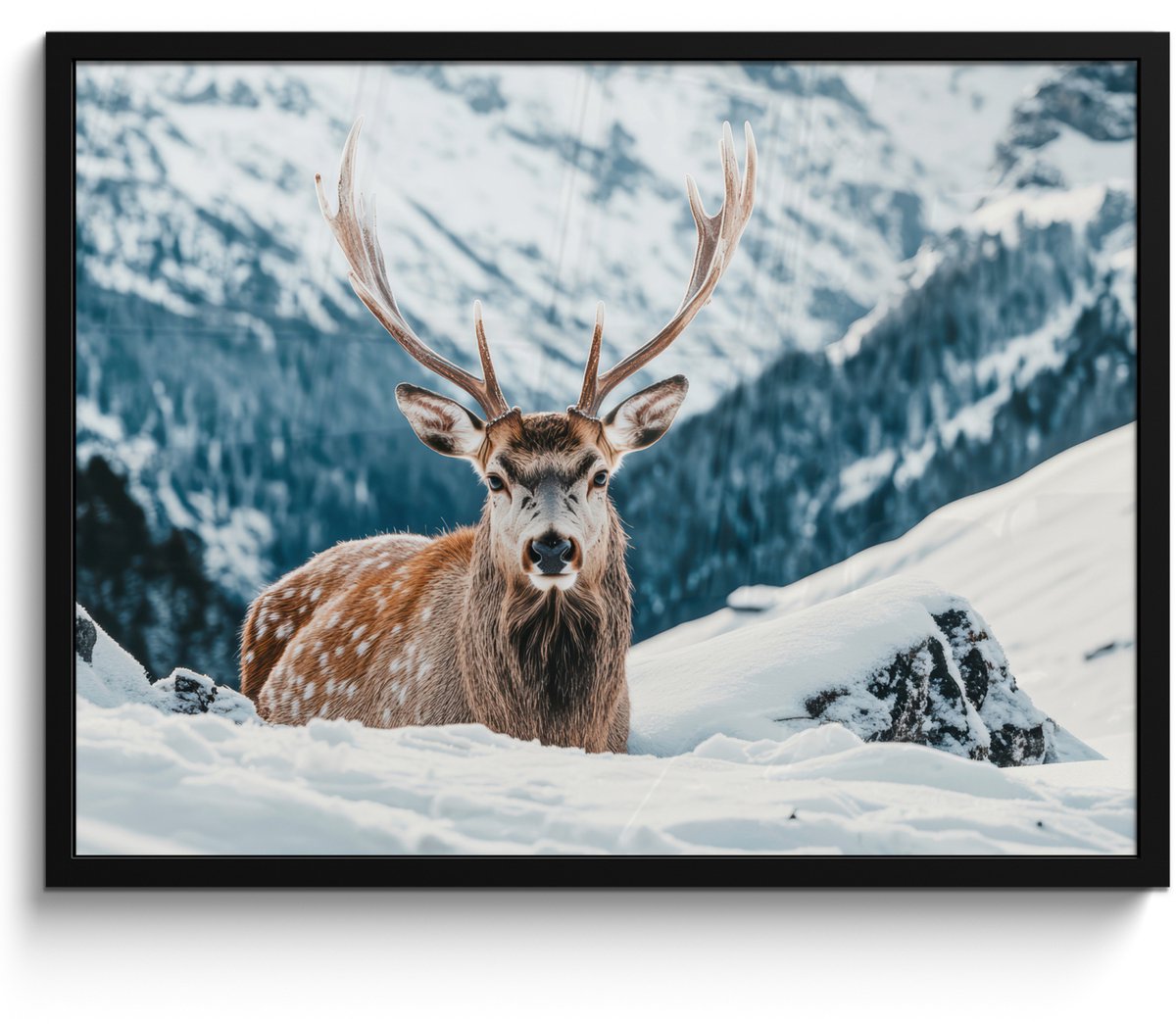 FrameYourWall Poster in lijst - Fotolijst 70x50 cm - Posters - Hert - Landschap - Winter - Natuur - Dieren - Bergen - Posterlijst zwart - Decoratie - Wanddecoratie woonkamer - Muurdecoratie slaapkamer