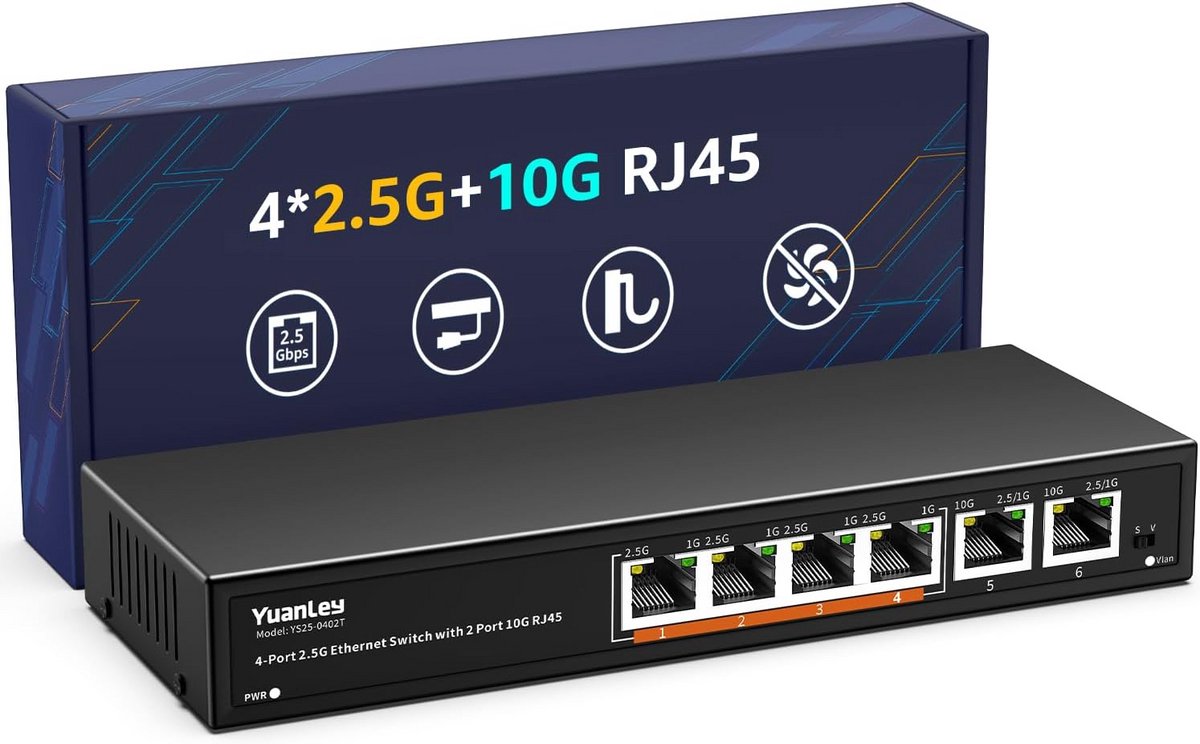 6-Poorts 10G Ethernet Switch: 4x 2.5G & 2x 10G RJ45 Poorten, Fanless Netwerk Switch
