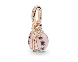 Fler® | Bedel | Past op populaire bedelarmbanden (standaard - 3mm) | Lieveheersbeestje | Hangbedel Charm | 925 sterling zilver | Transparante zirkonia | Zwarte & Roze emaille | Armband Kraal | Valentijnsdag Cadeau | Sinterklaas kado | Kerstcadeau