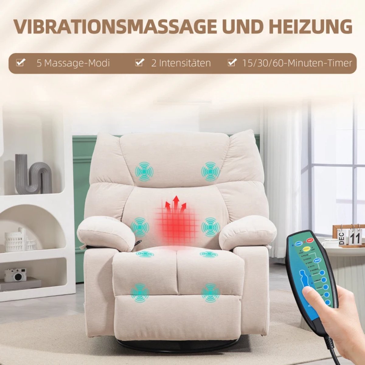 Elektrische Massagestoel - Massagefauteuil met Verwarmingsfunctie - Schommel- en 360°-Draaifunctie - 8 Vibratiekoppen - Kantelbaar tot 145° - tot 150 kg - met Afstandsbediening - Relaxfauteuil - Relaxstoel - TV stoel - Beige – foto 5