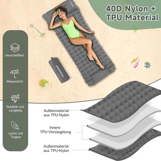 Ultralichte Camping Slaapmat met Voetpomp en Kussen - 10 cm Dik Opblaasbaar Matras van Merkloos — afbeelding 4