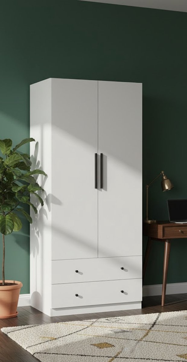 Elegante House&Garden Garderobekast – Multifunctionele 2-Deurs Kledingkast met Kledingstang en 2 Ladeblokken – Opbergkast voor Slaapkamer, Woonkamer of Kinderkamer – Wit, 79 x 43 x 180 cm