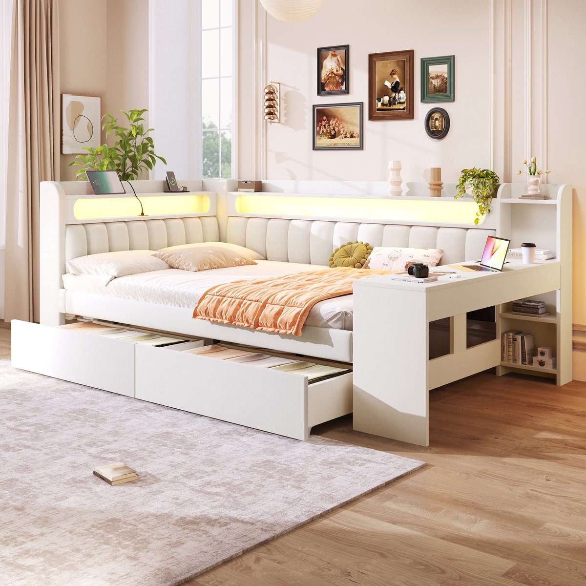 Sweiko Slaapbank - 140 x 200 cm - USB-poort - LED-verlichting - Met bureau - 2 lades - Kinderbed - Wit