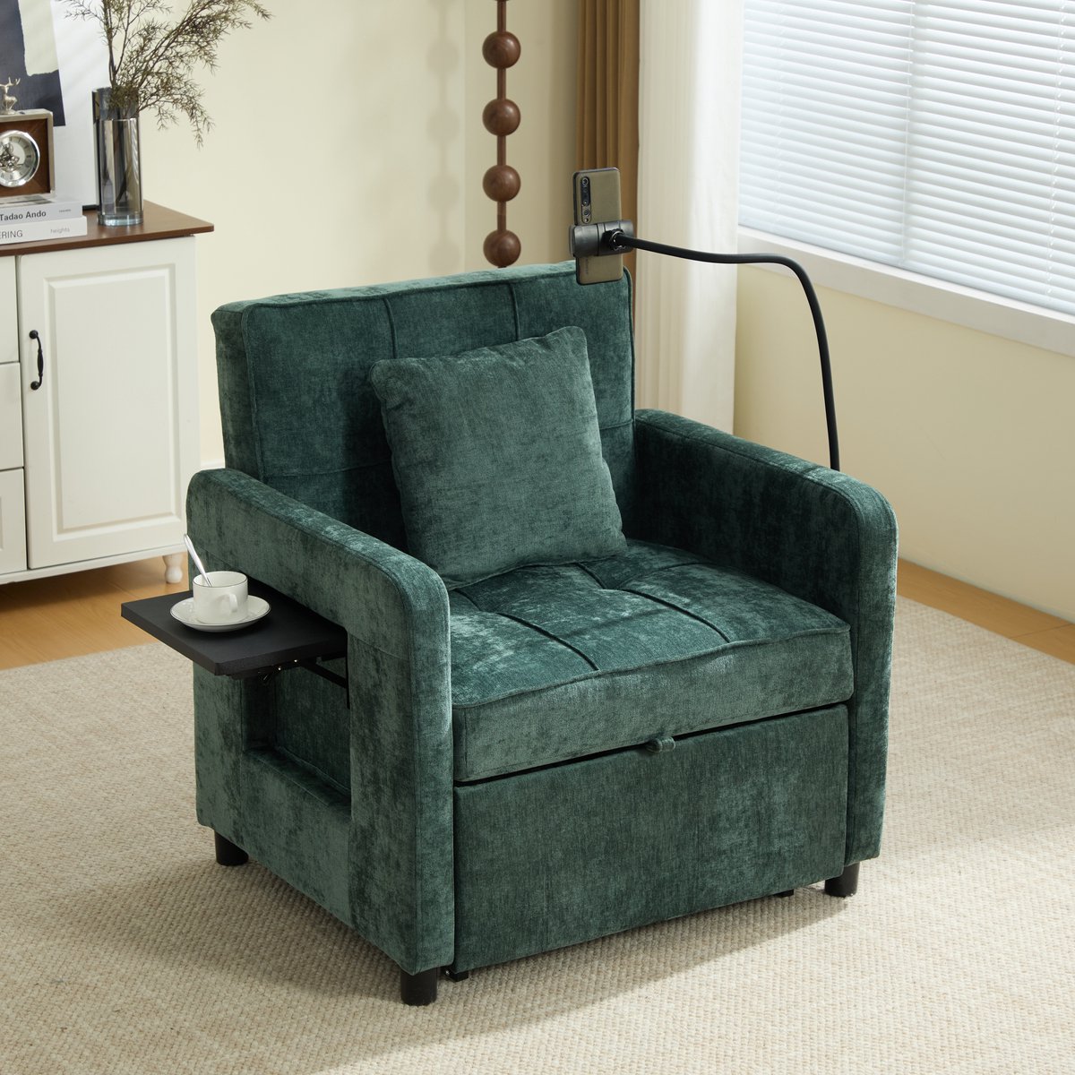 REDOM Slaapfauteuil 2-in-1 Relaxstoel – Verstelbare Rugleuning En Opbergruimte – Voor Woonkamer, Slaapkamer En Ontspannen – Chenille – Groen – 167 x 79 x 83 cm Groente