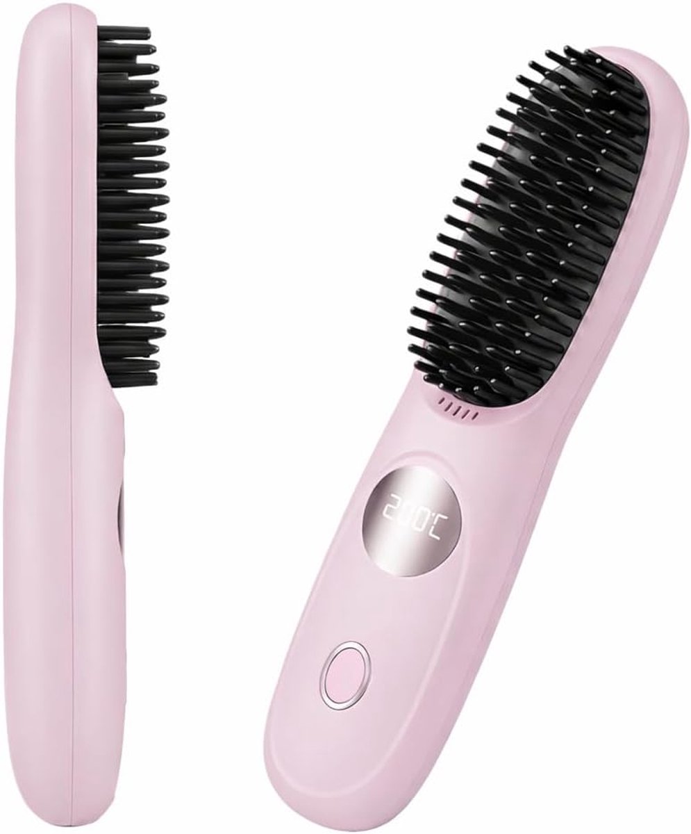 Draadloze Stijlborstel - Draagbare USB - oplaadbare stijltang - 3 Temperatuurinstellingen - Hittebestendige stijltang - Stijlkam - Stijlborstels - Warmte Borstel - Brush - Elektrische Haarborstel - Stijltang - Krullen - voor complete styling - Roze