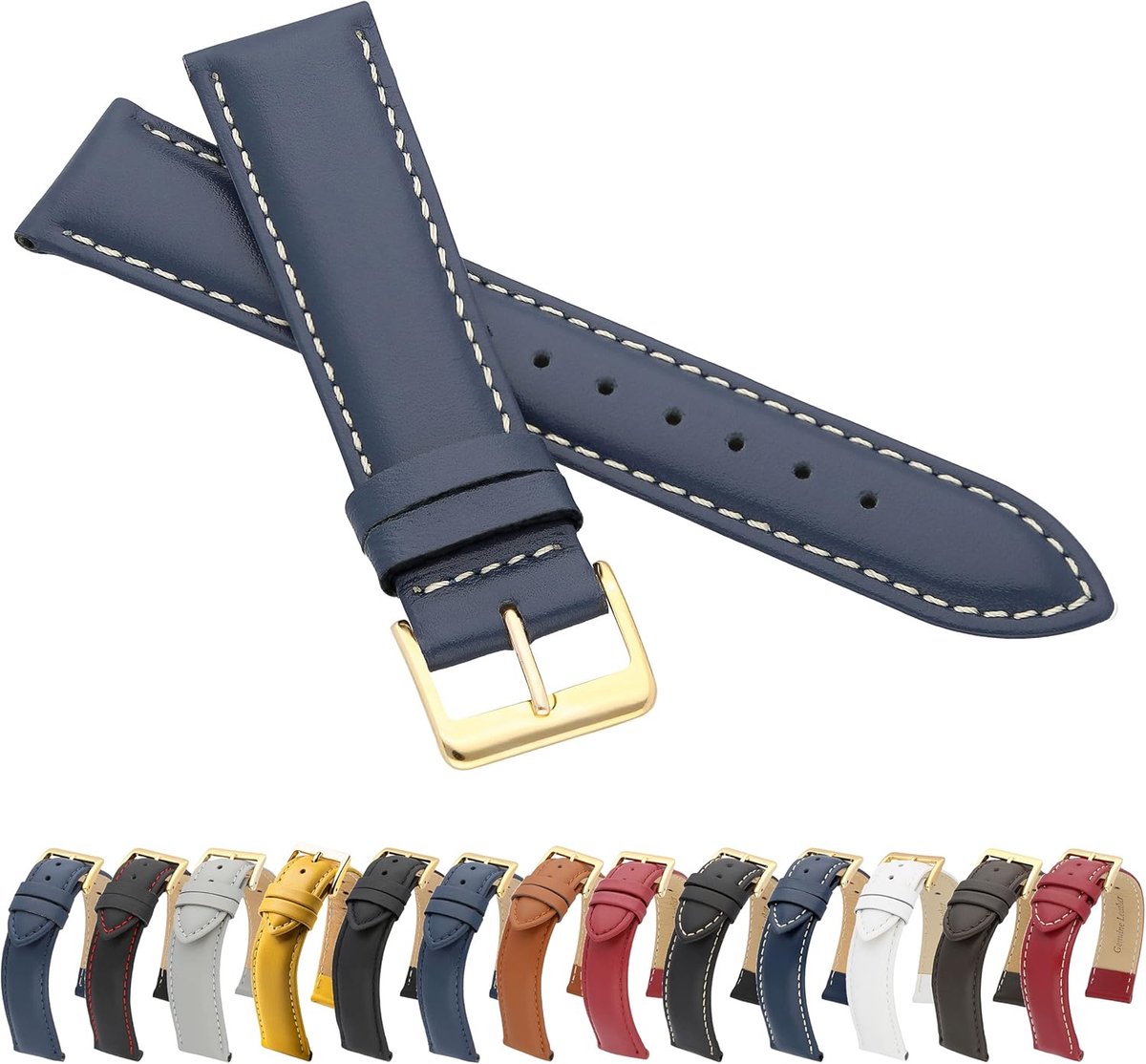 Leren Horlogeband - Glad Leren Armband - Klassiek Accessoire - Echt Rundleer - 16 mm Breed - Blauw Wit