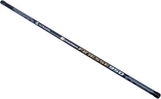 Zwarte hengel met 'ULTIMATE' logo en geometrisch patroon. Tekst 'HYPERGA FINESSE 950'.