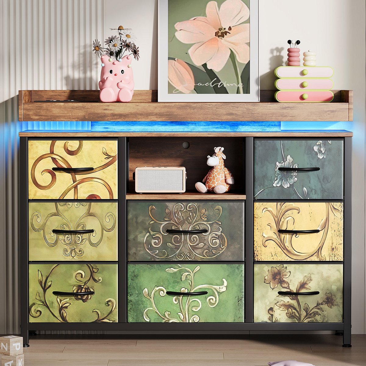 Commode met ledverlichting en USB-laadstation, slaapkamerkast met 8 stoffen lades, houten blad en stevig stalen frame voor woonkamer en slaapkamer, 108x30x82cm, meerkleurig groen