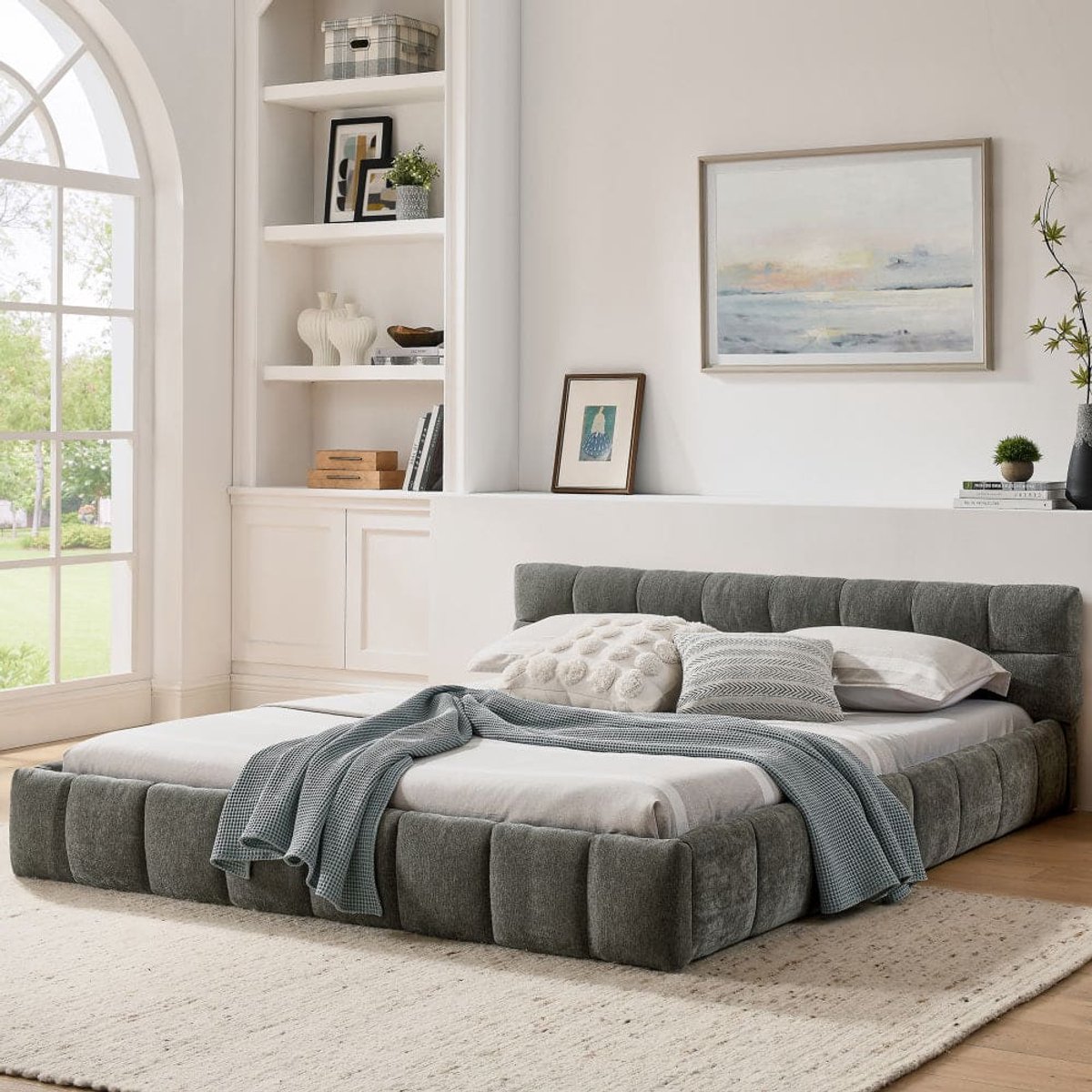 Bedframe – Tweepersoonsbed – Ledikant – Slaapbank – Platformbed – Donkergrijs Chenille – 160x200 cm – Stevig Eucalyptus Hout & IJzeren Frame