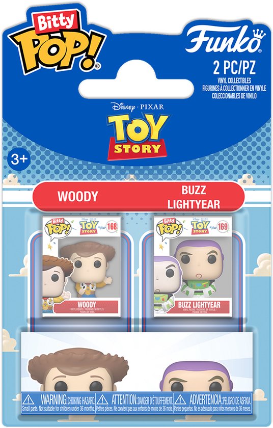 Verpakking met twee Funko Bitty Pop! figuren van Woody en Buzz Lightyear uit Toy Story.