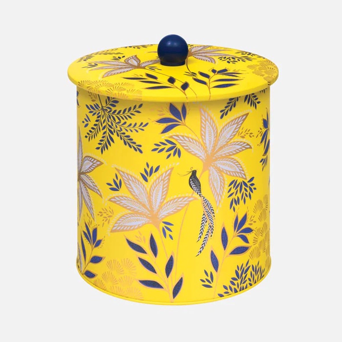 Sara Miller London - Bewaarbus Botanic Blooms - Vogels - Bloemen - Bewaarblik - Geel - Rond - Blik - Ø 17 x 17 cm