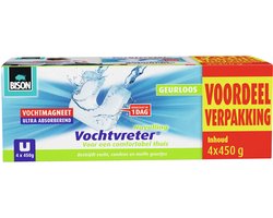 Bison Vochtvreter® magneet voordeelverpakking 4x 450g - Parfumvrije navulling voor Vochtvreter® apparaat, bestrijd hoge luchtvochtigheid in woonruimtes, ook geschikt voor caravans en campers