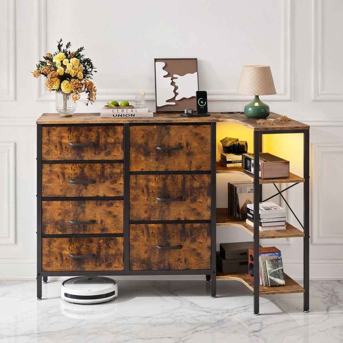Urban Corner LED Ladekast met 7 Laden & USB – L-Vormige Hoekcommode met Stopcontacten en 3 Opbergplanken – Vintage Industrieel – 110x60x80 cm - House&Garden