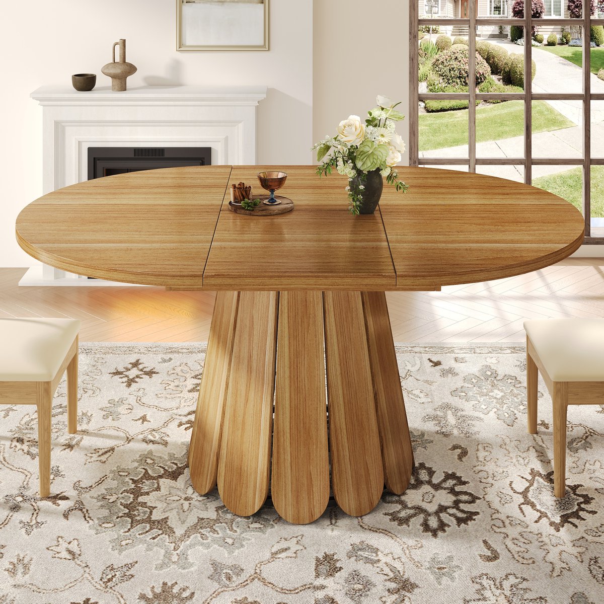 MODFU Uitschuifbare Eettafel - Rond Naar Ovaal - Vintage - Voor Keuken Of Woonkamer - MDF En Metaal - Bruin - 118-158 X 118 X 76,8 Cm