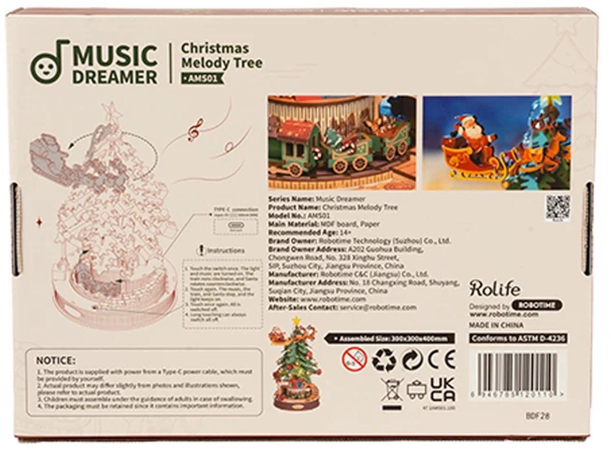 Robotime Christmas Melody Tree 3D Houten Muziekdoos – Kerstboom Bouwpakket – 319 Onderdelen - 30x30x40cm — afbeelding 16