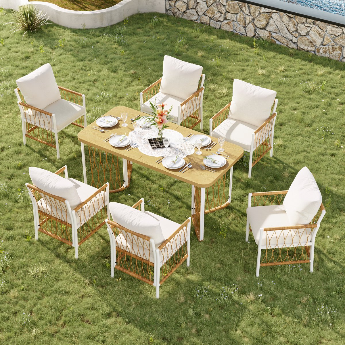 Moderne outdoor-set - vrijetijds- en vergader set voor meerdere personen - ijzeren frame - gevlochten armleuningen - met kussens