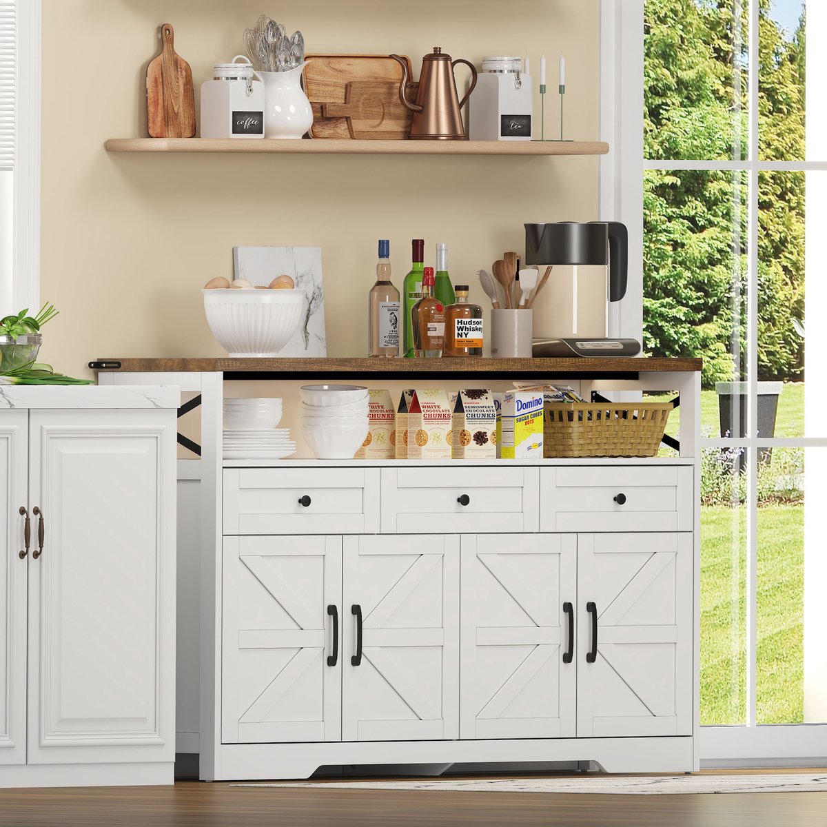 REDOM Dressoir Met 3 Laden En 2 Kasten - Landelijke Stijl - Voor Keuken Of Woonkamer - MDF - Bruin Wit - 140 x 35 x 95 cm Bruin + Wit