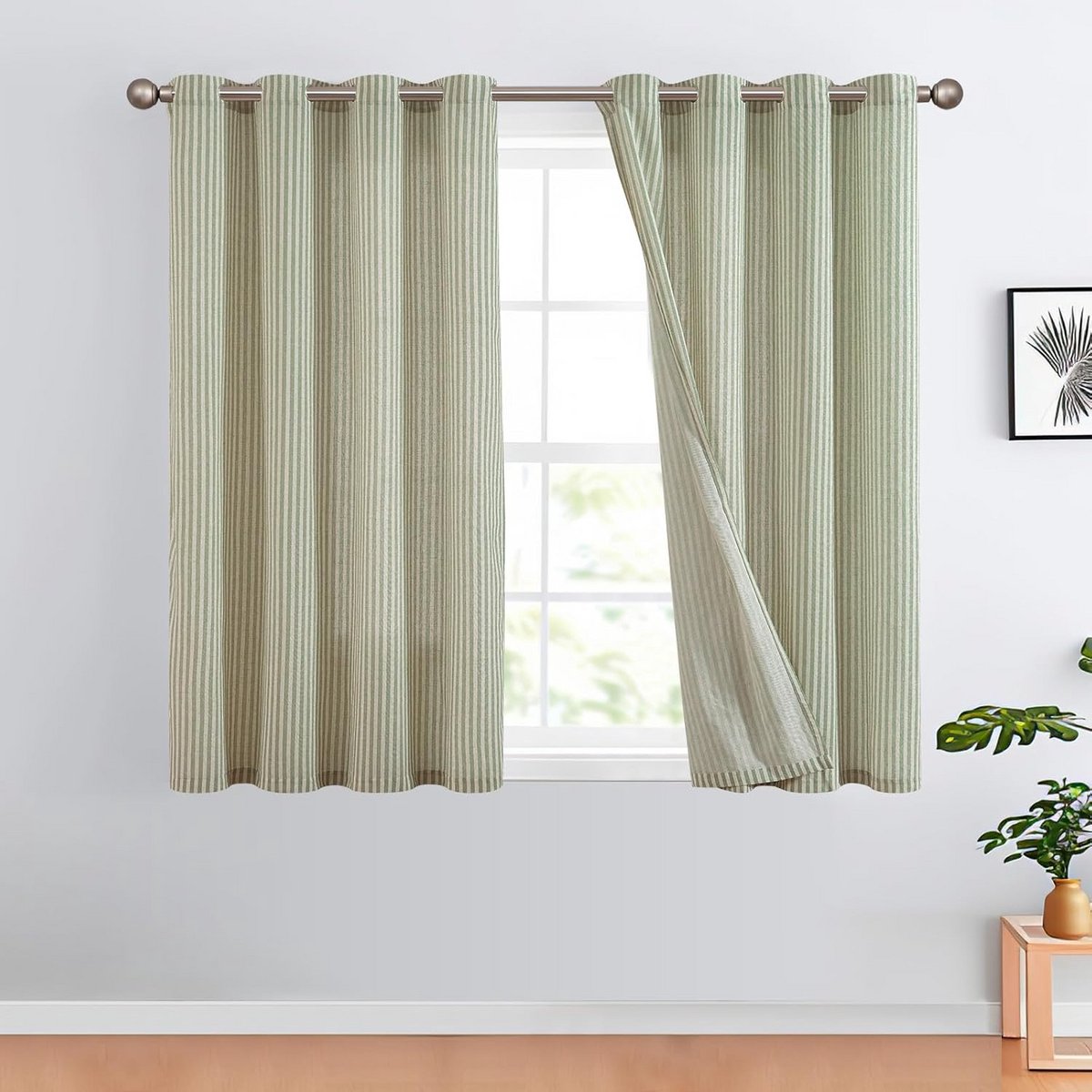 Linnen Gordijnen - Beige Look Gordijnen - Woonkamer Decoratie - Lichtfilterend Gestreept - 130x145 cm - Beige Groen