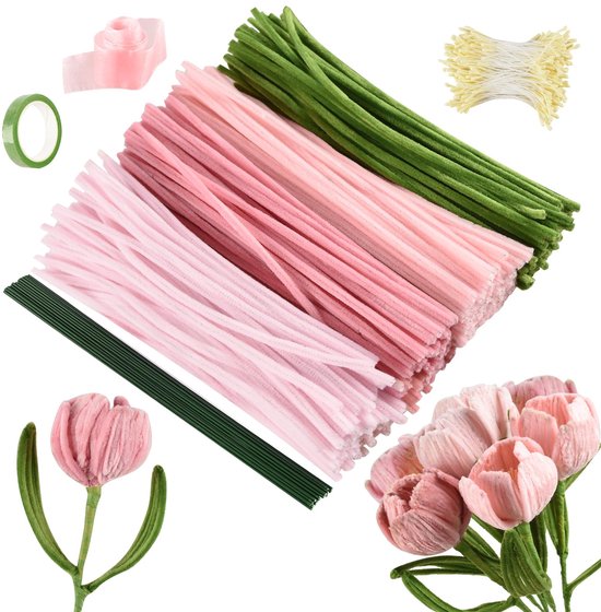 Foto: Longziming pipe cleaner bloemen bastelset elastisch metaaldraad zachte vezelsnoer 400 stuk rosa