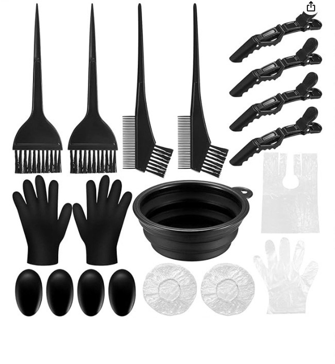 Opvouwbare kommenset (16 stuks)Haarverfset, haarverfbenodigdheden, inclusief een opvouwbare kom, verfkwast, verfkam en haarclips (zwart).s-Belle's product