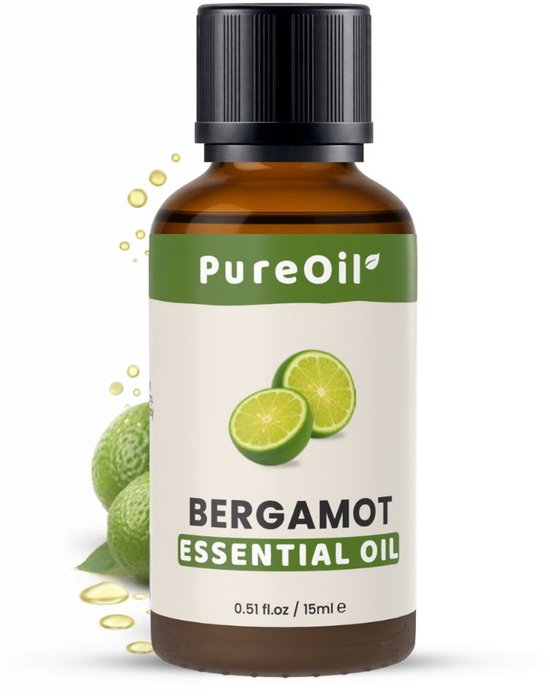 Flacon ambré PureOil Huile Essentielle Bergamote 15ml avec deux moitiés de bergamote et des gouttes.