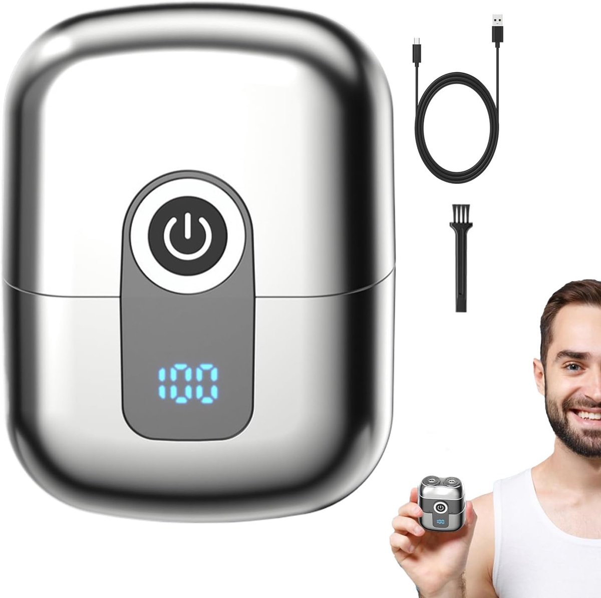Scheerapparaat - Elektrische Scheerapparaat voor Mannen - Kleine Baardtrimmer met Digitaal Display - Oplaadbaar en Waterdicht - Lichtgewicht voor Thuis en Reizen - 8x6x3 cm - Zilver
