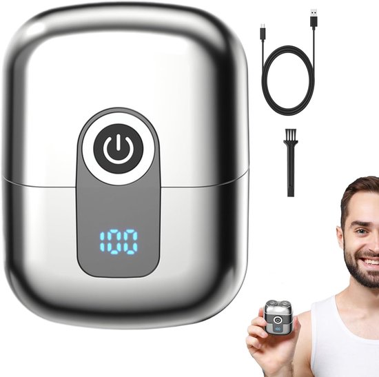 Scheerapparaat - Elektrische Scheerapparaat voor Mannen - Kleine Baardtrimmer met Digitaal Display - Oplaadbaar en Waterdicht - Lichtgewicht voor Thuis en Reizen - 8x6x3 cm - Zilver