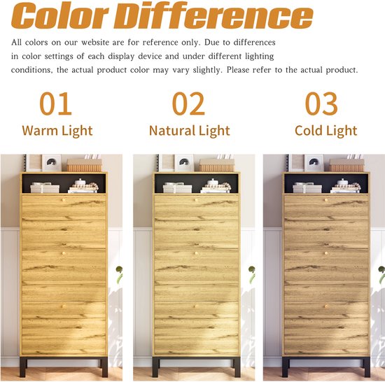 Wishdor - Schoenenkast - 3 Kleppen En Open Vakken - Japandi - Voor De Hal - MDF - Naturel - 63 X 24 X 147 Cm