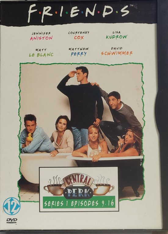 Friends-serie 1-dvd-cover met cast in bad. Centraal Perk logo.