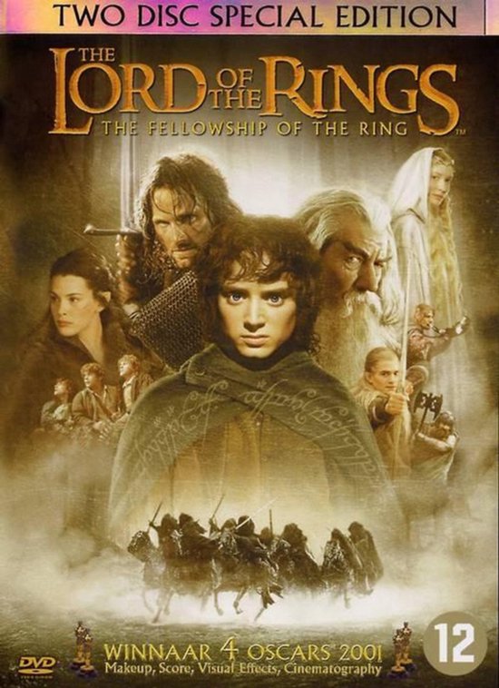 DVD-hoes van 'The Lord of the Rings: The Fellowship of the Ring' met Frodo in het midden, omringd door andere personages. Met "WINNAAR 4 OSCARS 2001".
