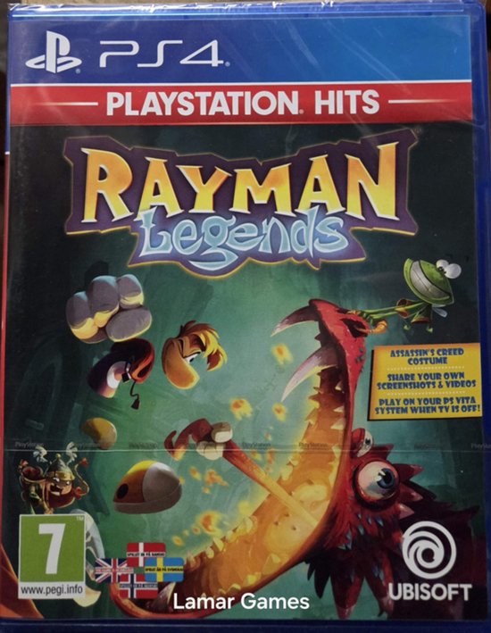 Rayman Legends PlayStation Hits PS4 gamehoes met Rayman, Globox, Murfy en een rode draak.