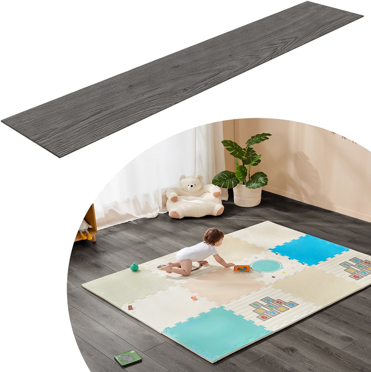 Froadp 7,5 m² PVC-vloerbedekking in donkergrijs tegels Vinylvloer kliksysteem Vinyl vloerbedekking met houteffect voor vloerverwarming 54 tegels