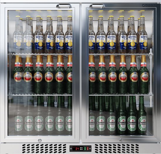 Barkoelkast 207L - 2 Scharnierende glazen deuren RVS - Afsluitbaar met slot - 195 Flessen - Energiezuinig - CS-210H-S-EE