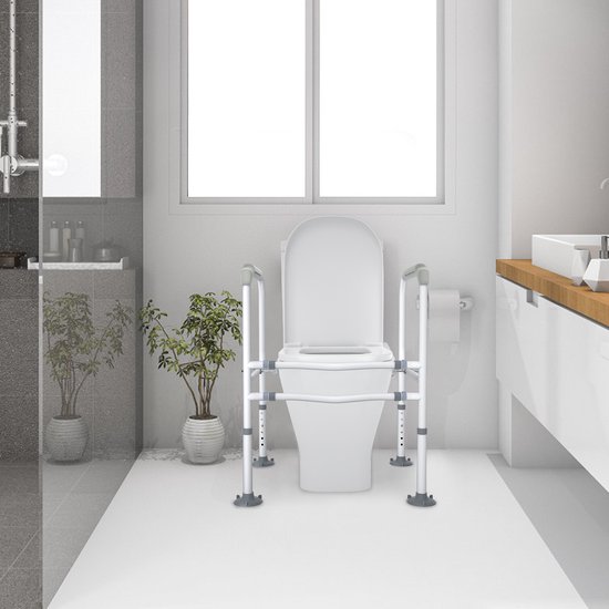 Witte toiletbeugel gemonteerd rond een toilet in een moderne badkamer.