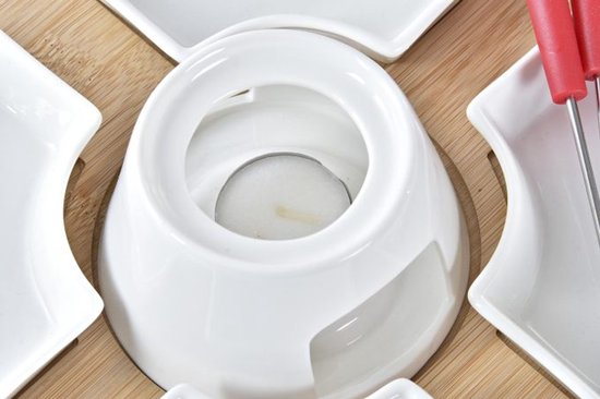Fondue Set voor 4 Personen – Bamboe en Porselein – Inclusief Schalen en Vorkjes -26,5 x 26,5 x 19 cm — afbeelding 3