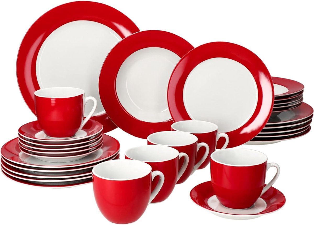 Quvo® Serviesset 30 Delig - 6 Persoons - Compleet Servies - Wit/Rood - 21cm x 21cm x 8cm "