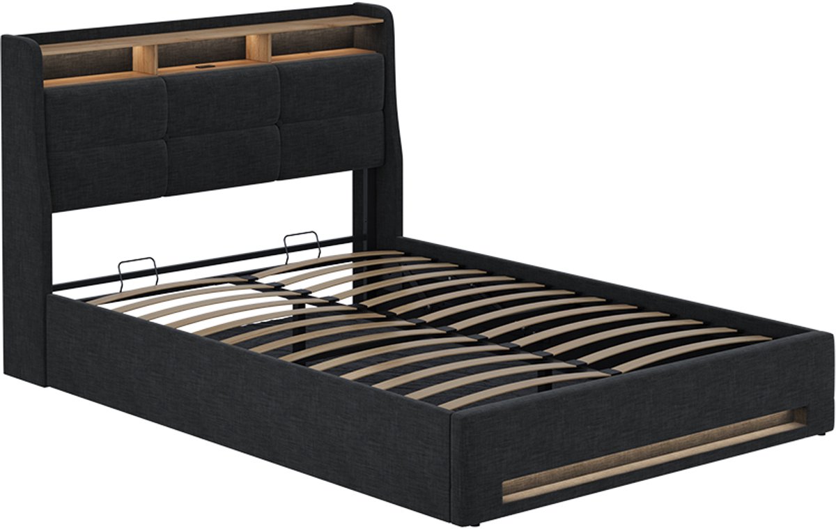 vitalispa Christin Gestoffeerd bed – met LED en USB-aansluiting Antraciet/eiken