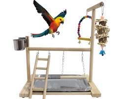 Houten papegaaienzitstok - Speelplaats voor vogels - Speelplaats voor papegaaien - Speelstandaard voor papegaaien - Met voederbakje, schommel, ladder en dienblad - Belspeeltje - Geschikt voor papegaaien, vinken en andere kleine dieren -Veelkleurig