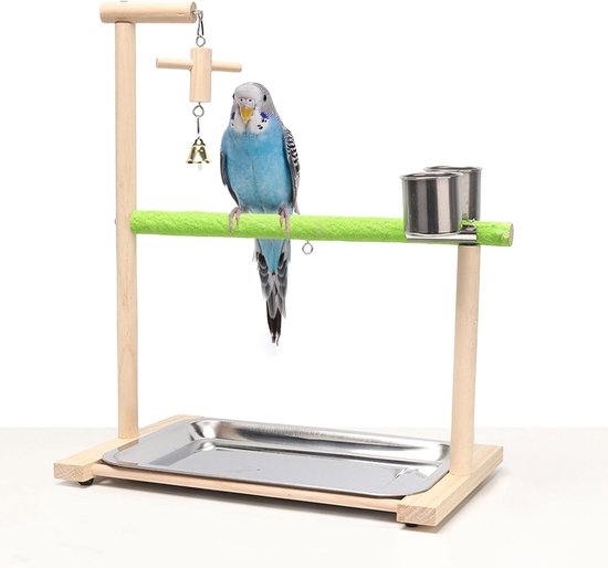 Vogel Speelplaats - Natuurhout - Speelstandaard - Voederbekers - Afneembare Schaal - Voor Parkieten, Valkparkieten, Lovebirds
