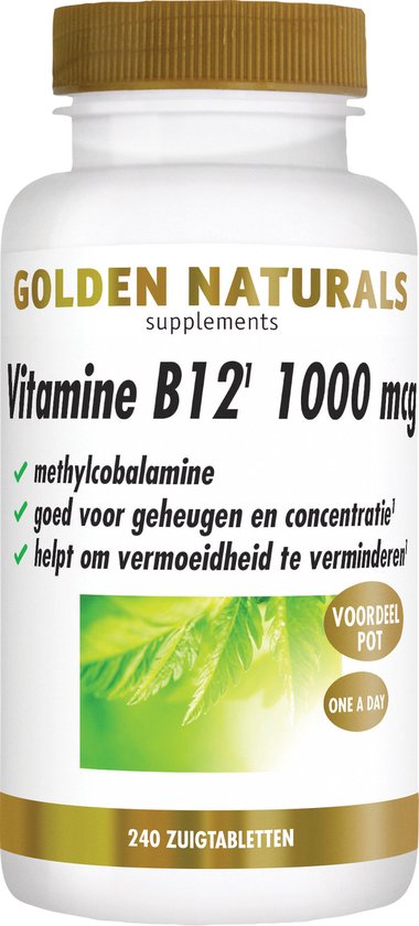 Witte pot met bruine dop, met tekst "GOLDEN NATURALS SUPPLEMENTS VITAMINE B12 1000 mcg" en "VOORDEEL POT ONE A DAY".